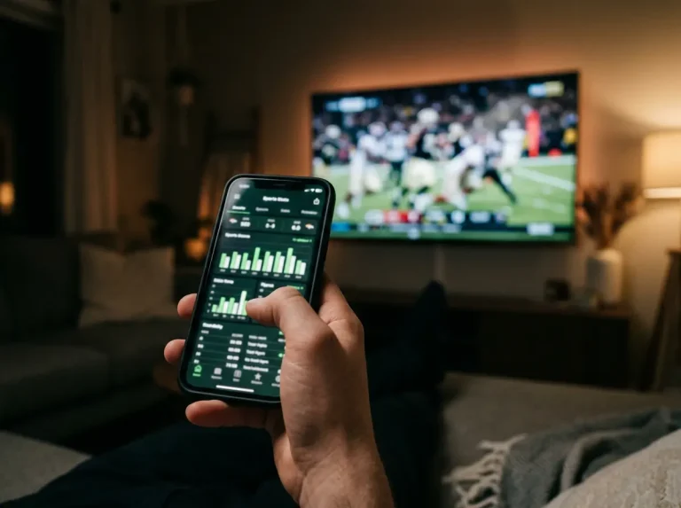 Smartphone showing NFL game stats and live betting interface on a dark background