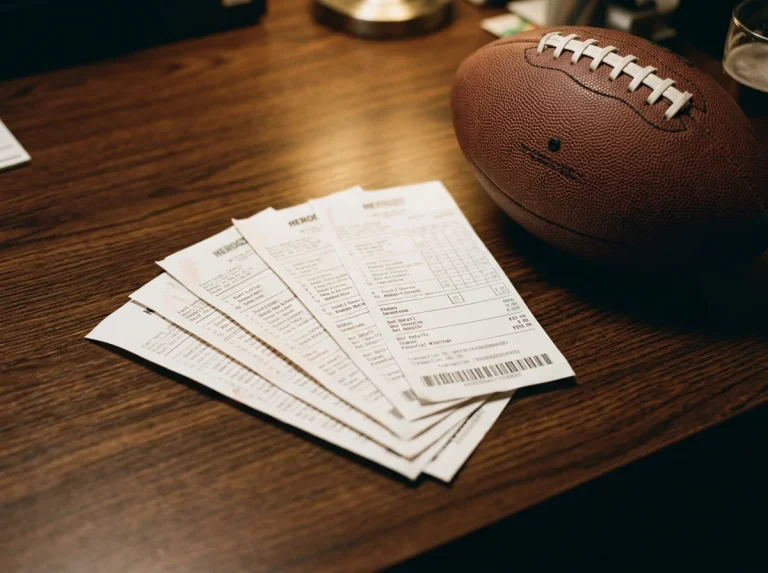 Multiple NFL betting slips arranged on a desk representing accumulator selections