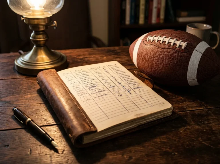 Notebook with bankroll tracking columns next to an NFL football on a desk