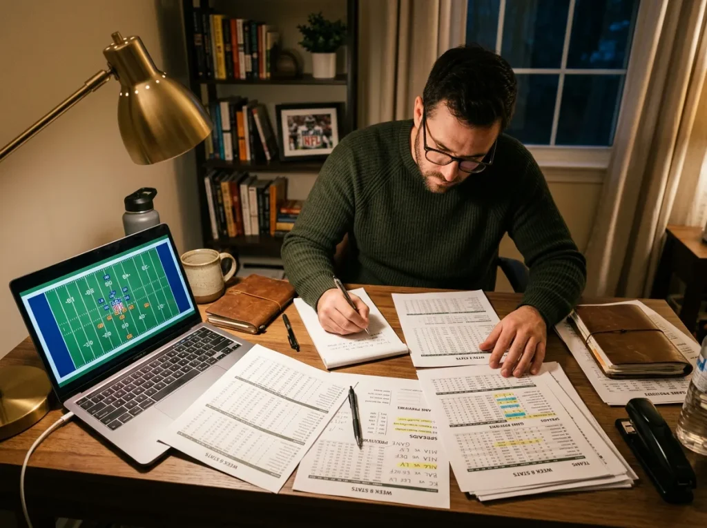 NFL betting strategy framework showing bankroll management and value betting for UK punters