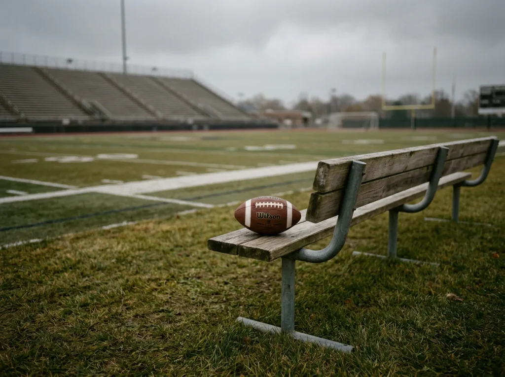 Empty NFL stadium seats during a bye week with a football on the sideline bench