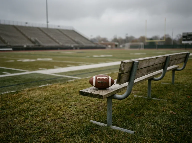 Empty NFL stadium seats during a bye week with a football on the sideline bench