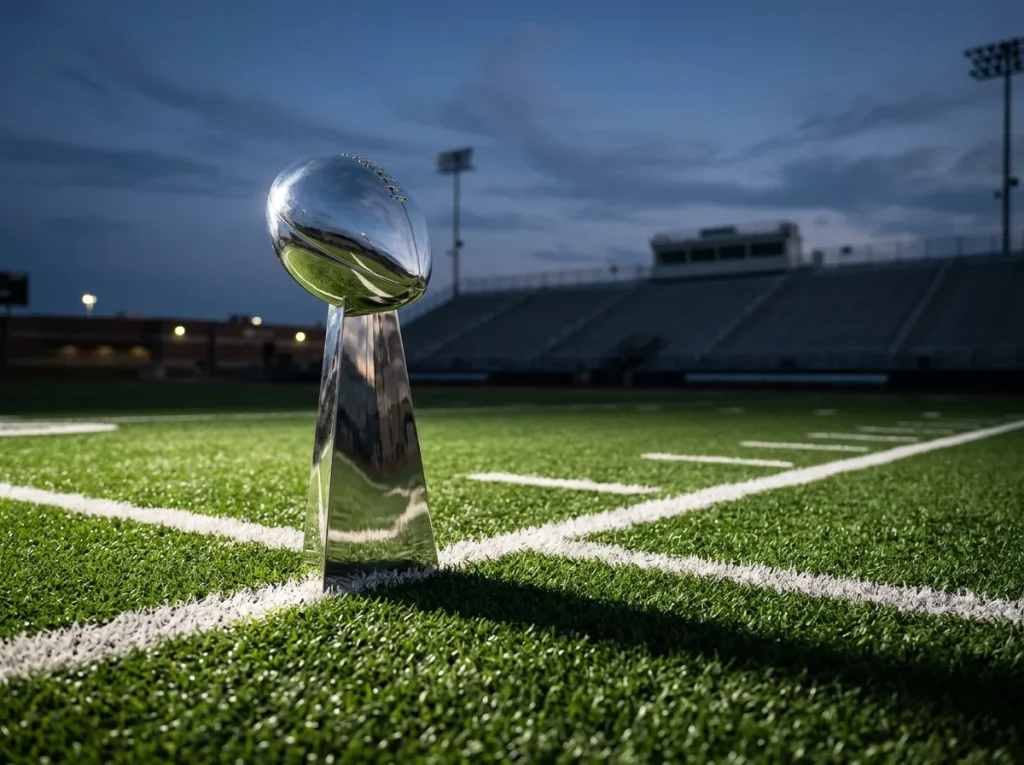 NFL Vince Lombardi trophy on a green field representing Super Bowl futures betting