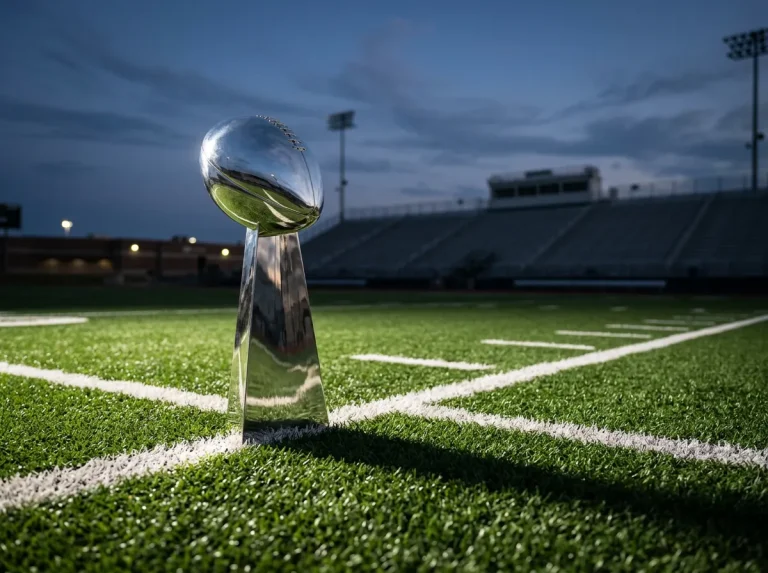 NFL Vince Lombardi trophy on a green field representing Super Bowl futures betting