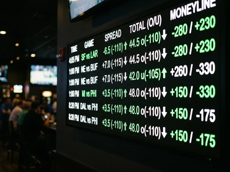 NFL betting odds board showing shifting lines and price movement arrows