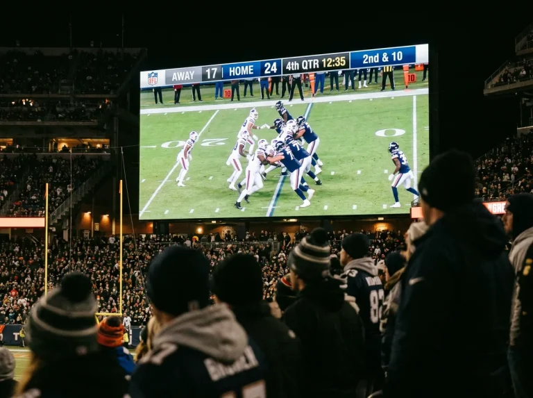 NFL game in progress on a stadium screen with live betting odds updating in real time