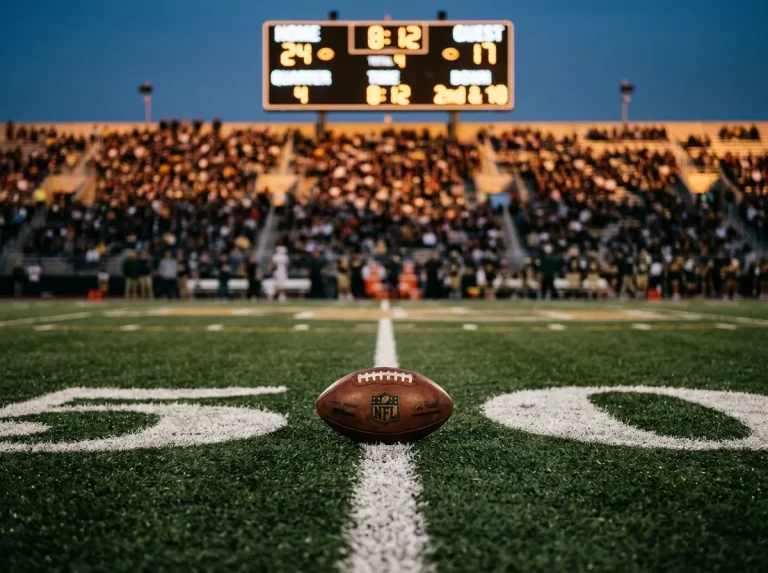 NFL football on a gridiron field with scoreboard showing a close game for moneyline betting