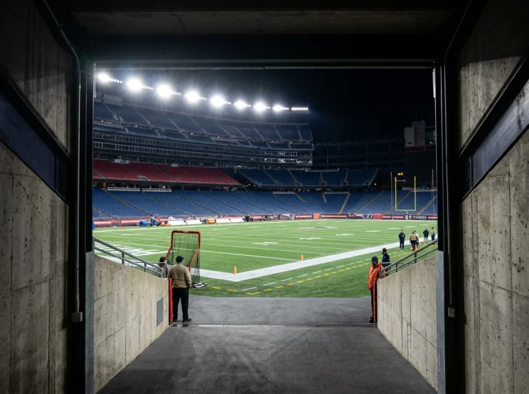 NFL playoff bracket displayed on a large stadium screen with spotlights