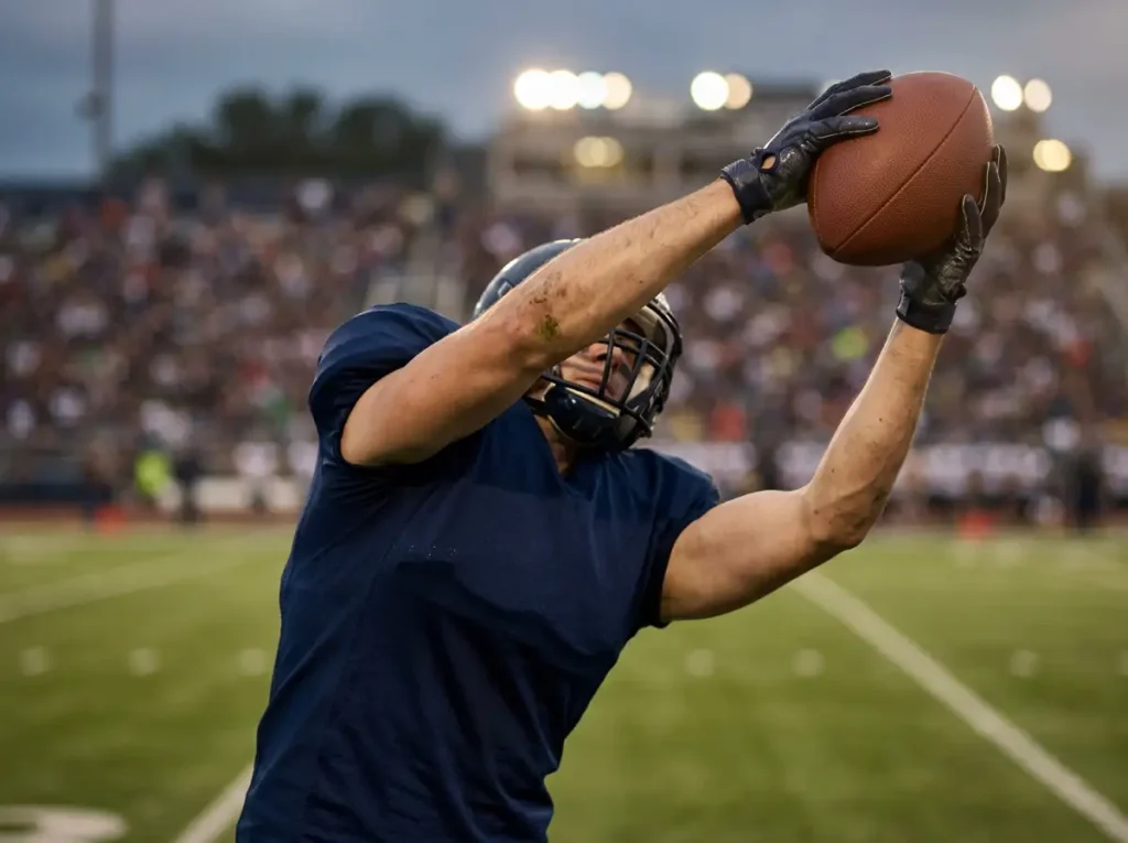 NFL player catching a football on a marked gridiron field during a prop bet scenario