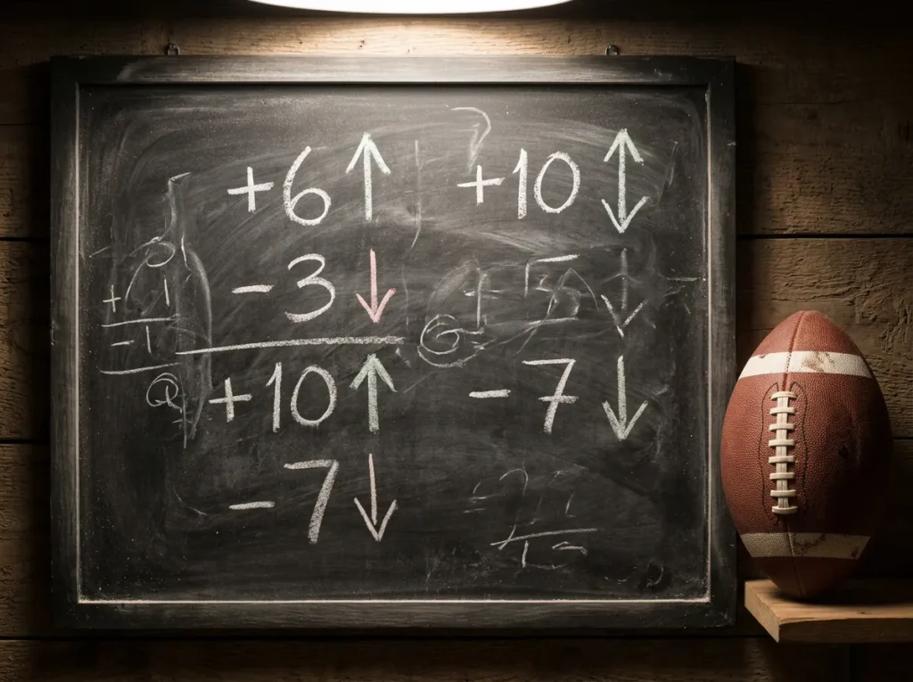 NFL betting board showing adjusted point spreads for a teaser bet combination