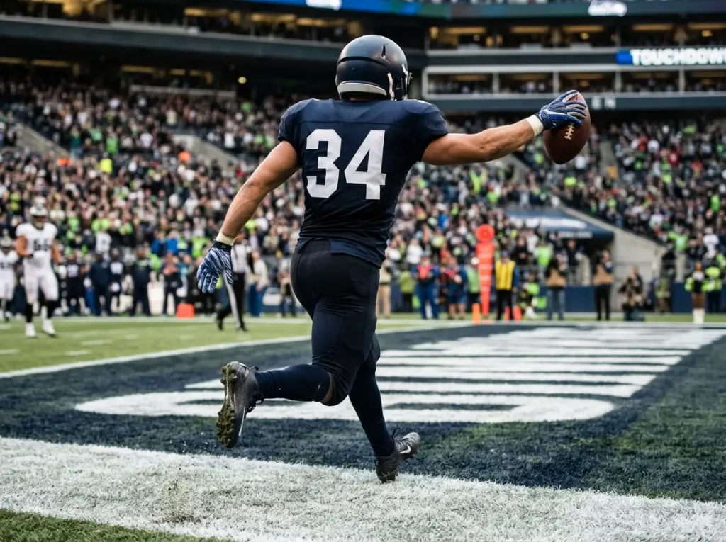 NFL player scoring a touchdown in the end zone with odds overlay for UK bettors