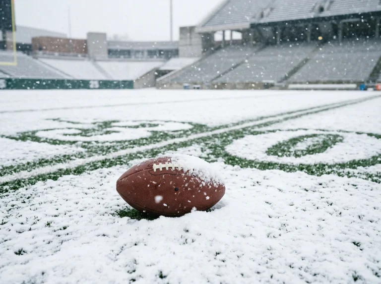 NFL game played in heavy snow on an open-air gridiron field