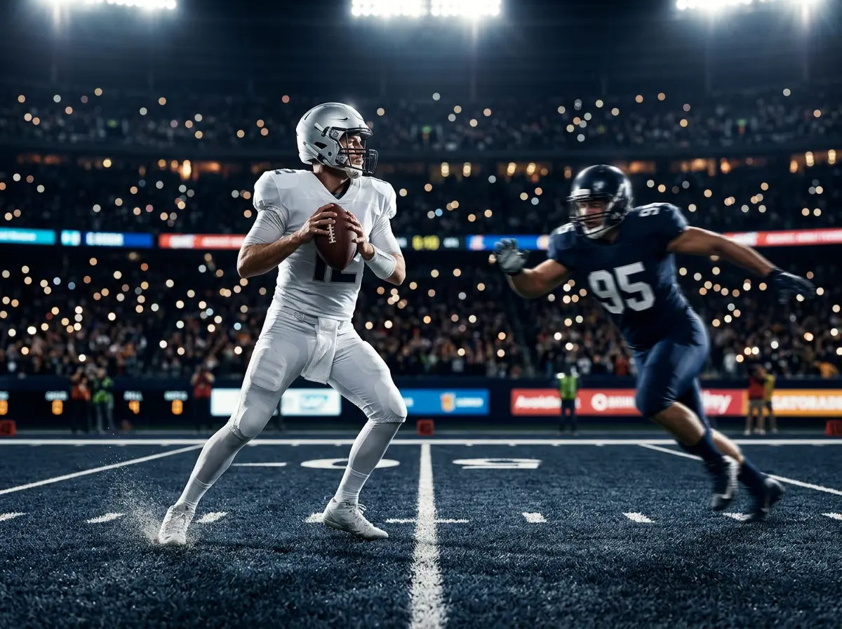 NFL players on the field during a live game with in-play betting overlay