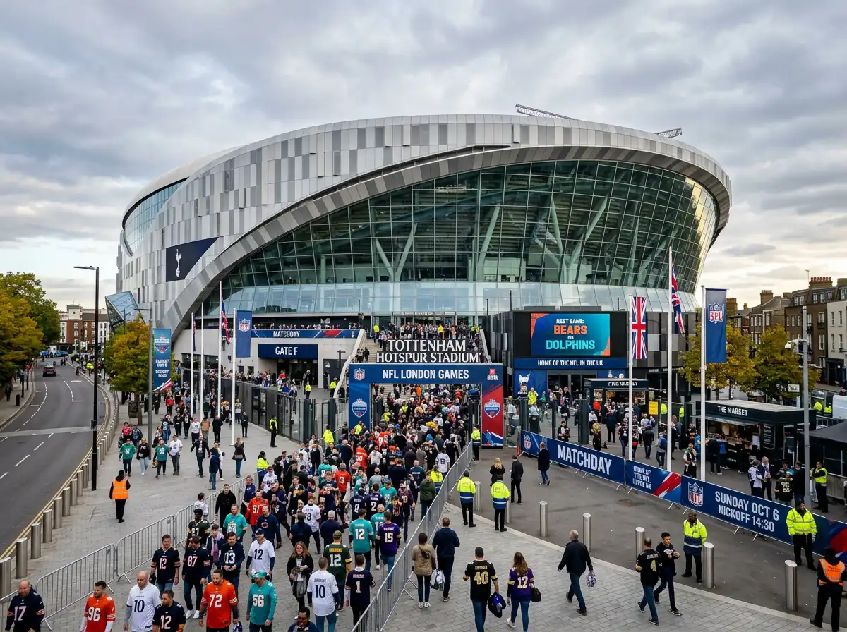 Tottenham Hotspur Stadium set up for an NFL London game with a packed crowd