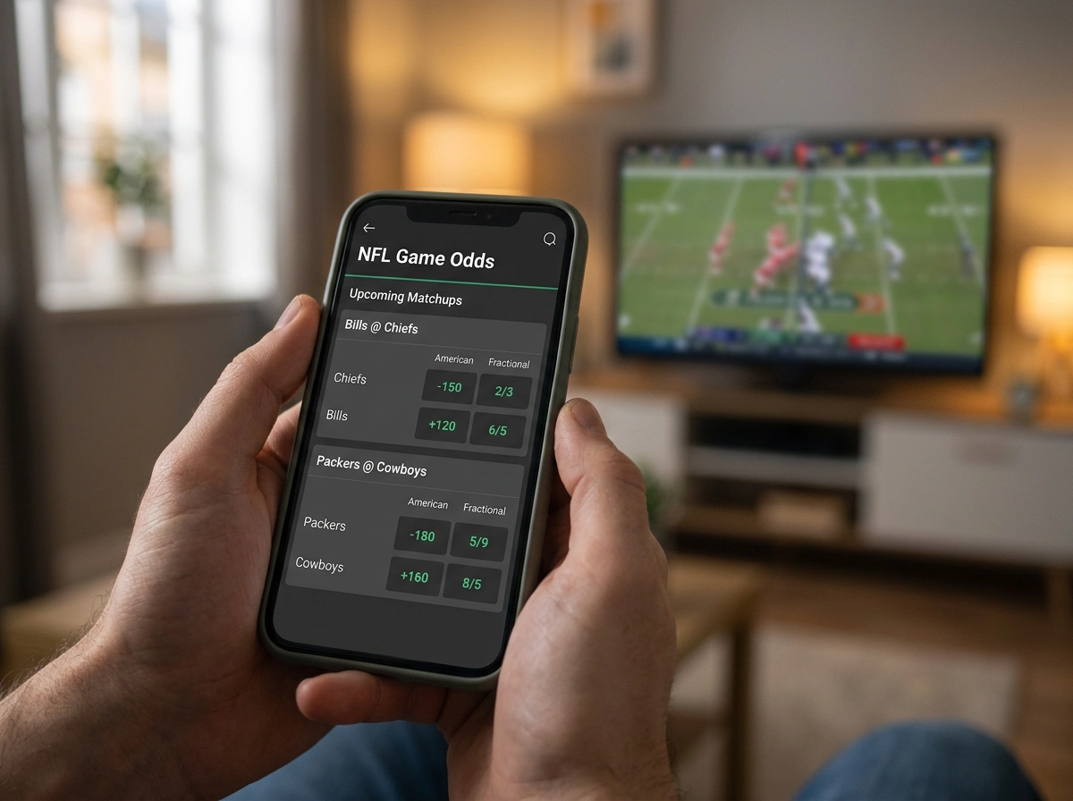 NFL odds displayed in American and fractional formats on a betting screen